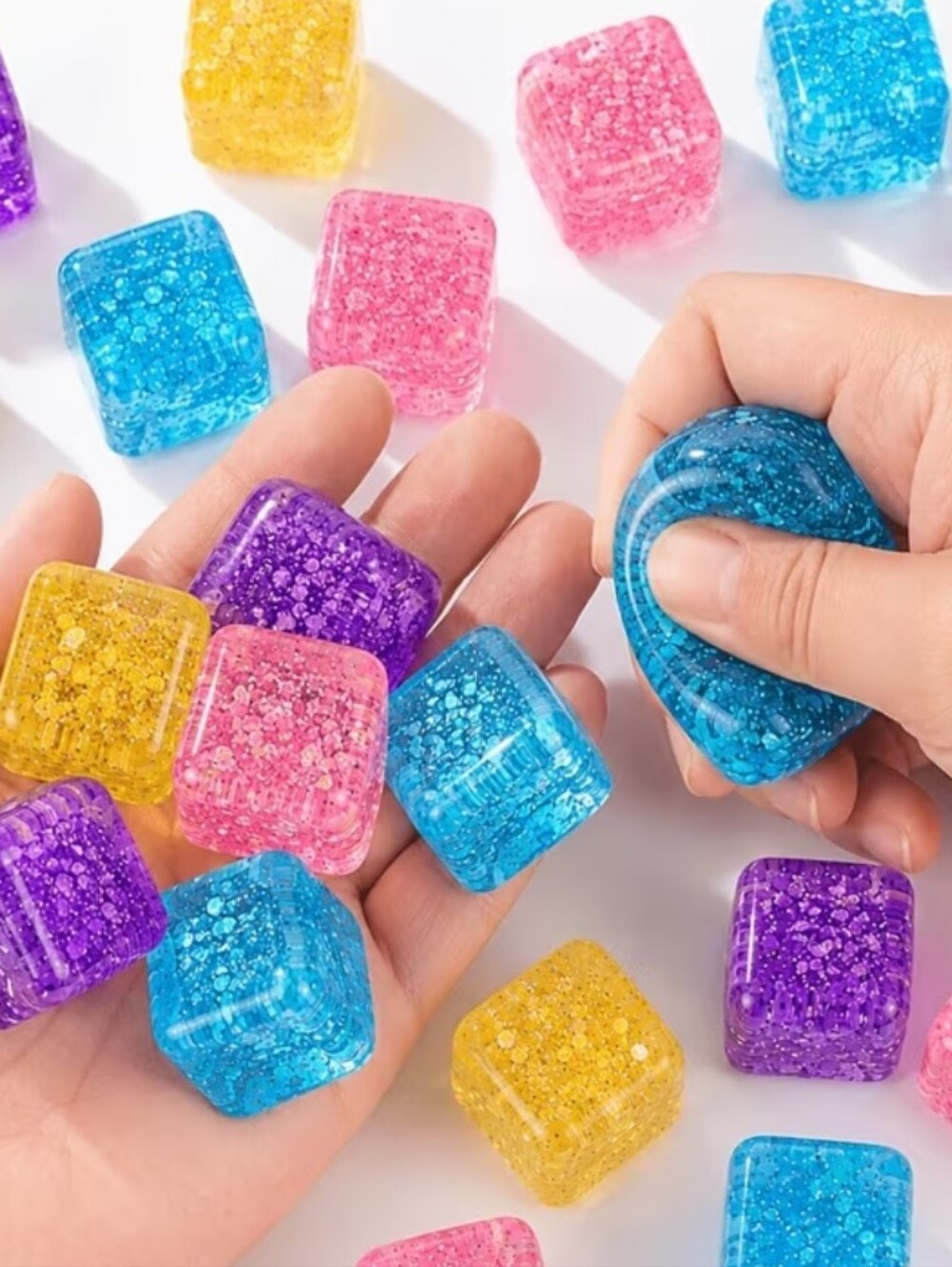 Set of 2 Glitter Ice cube Squishy Sensory Stress Cubes  New In Pkg Choose Color